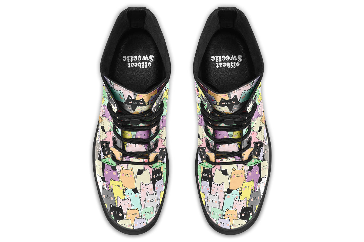 Boots featuring a pattern of various coloured kittens in kawaii style