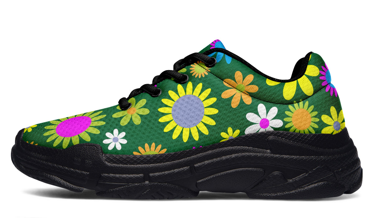 Green Retro Flowers Chunky Sneakers - Offbeat Sweetie