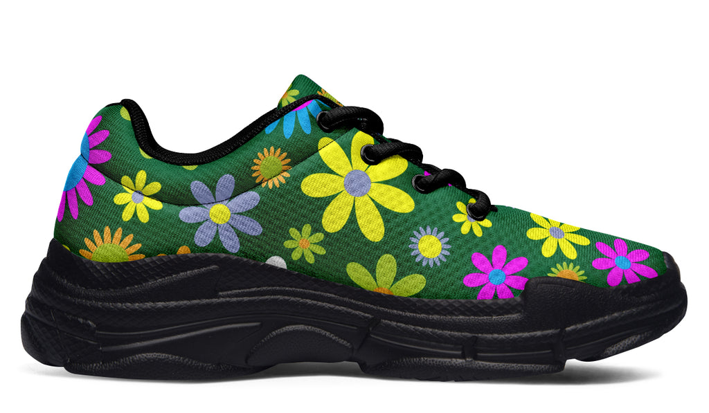 Green Retro Flowers Chunky Sneakers - Offbeat Sweetie