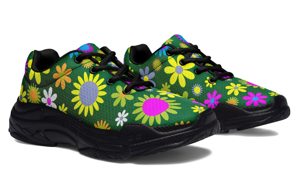 Green Retro Flowers Chunky Sneakers - Offbeat Sweetie