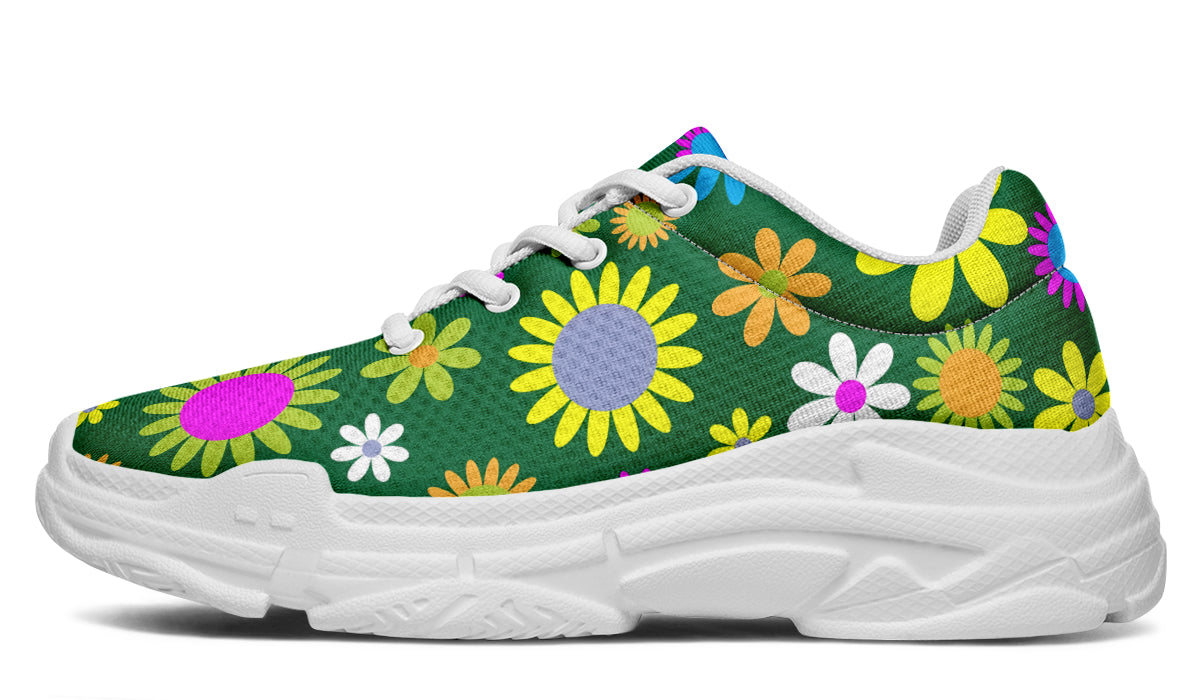 Green Retro Flowers Chunky Sneakers - Offbeat Sweetie