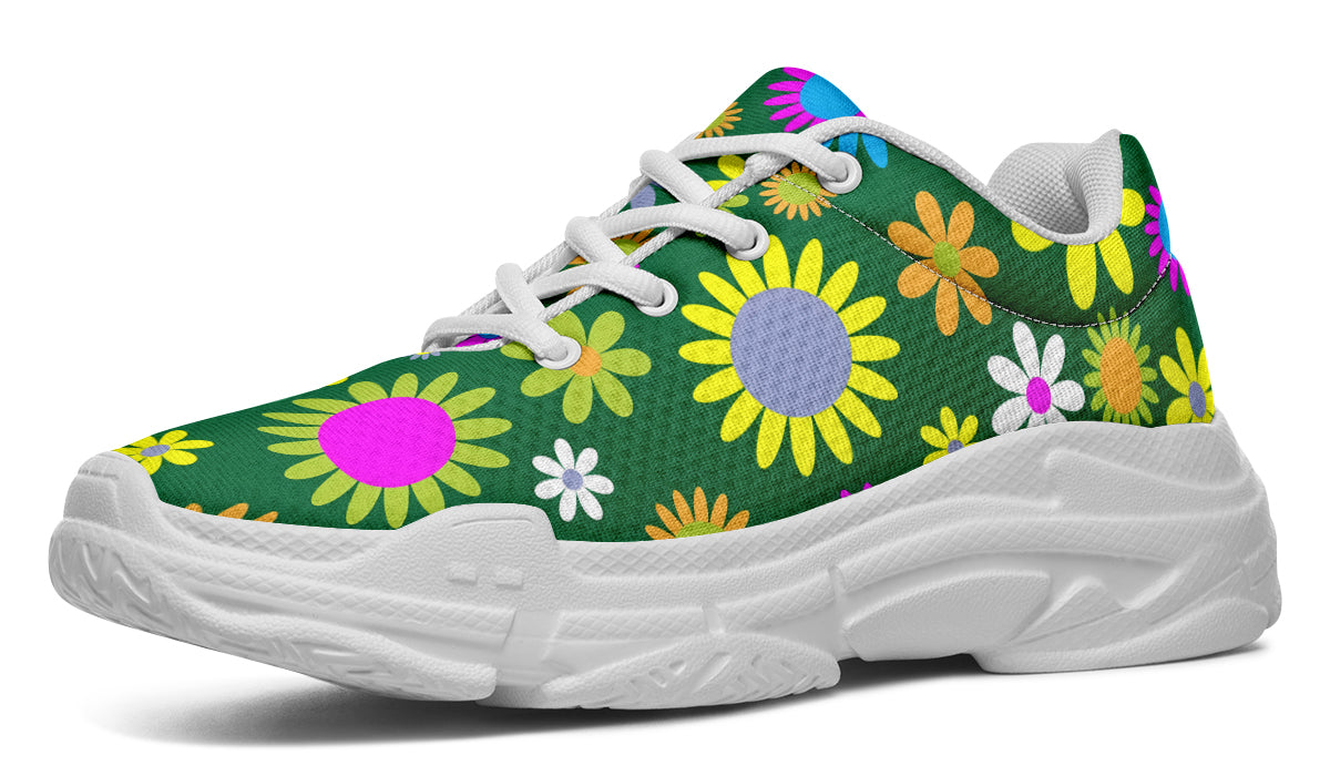 Green Retro Flowers Chunky Sneakers - Offbeat Sweetie