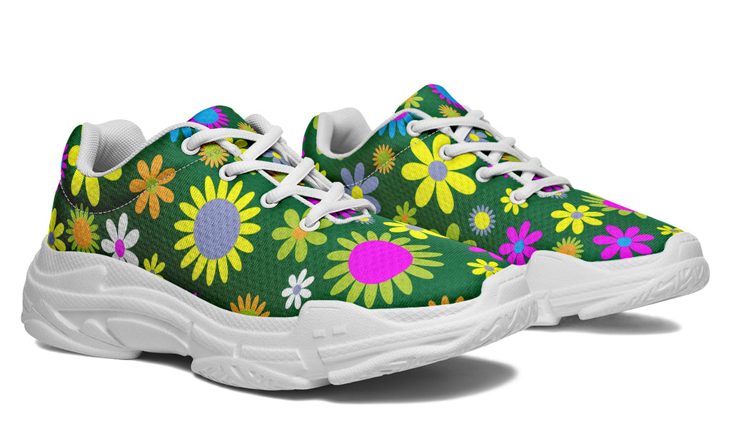 Green Retro Flowers Chunky Sneakers - Offbeat Sweetie