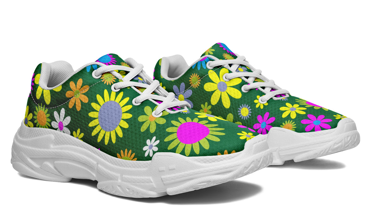 Green Retro Flowers Chunky Sneakers - Offbeat Sweetie