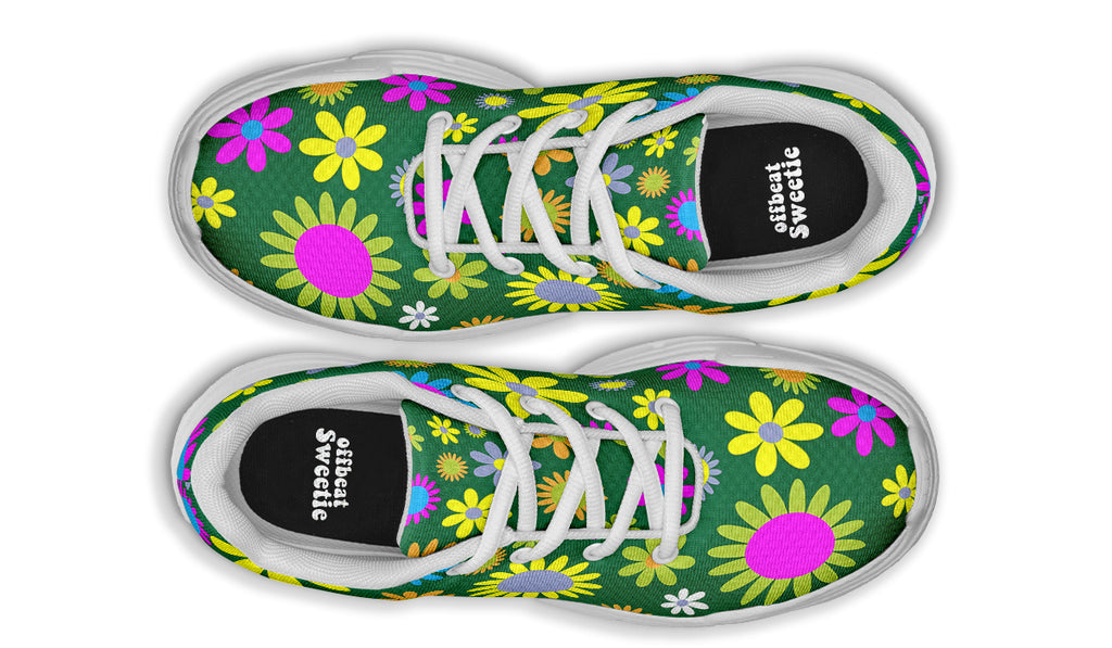 Green Retro Flowers Chunky Sneakers - Offbeat Sweetie