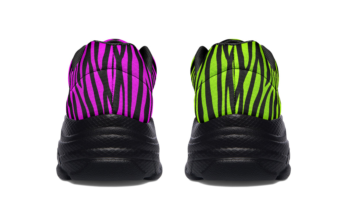 Green and Fuchsia Mismatched Neon Zebra Chunky Sneakers