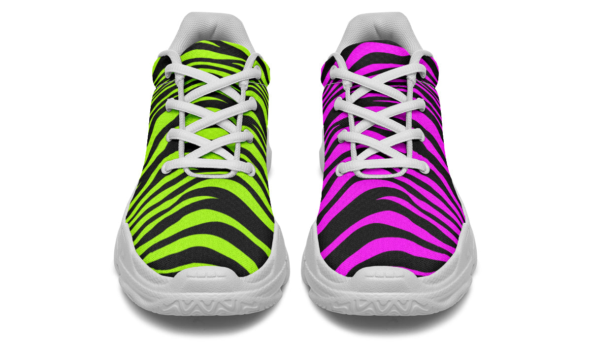 Green and Fuchsia Mismatched Neon Zebra Chunky Sneakers