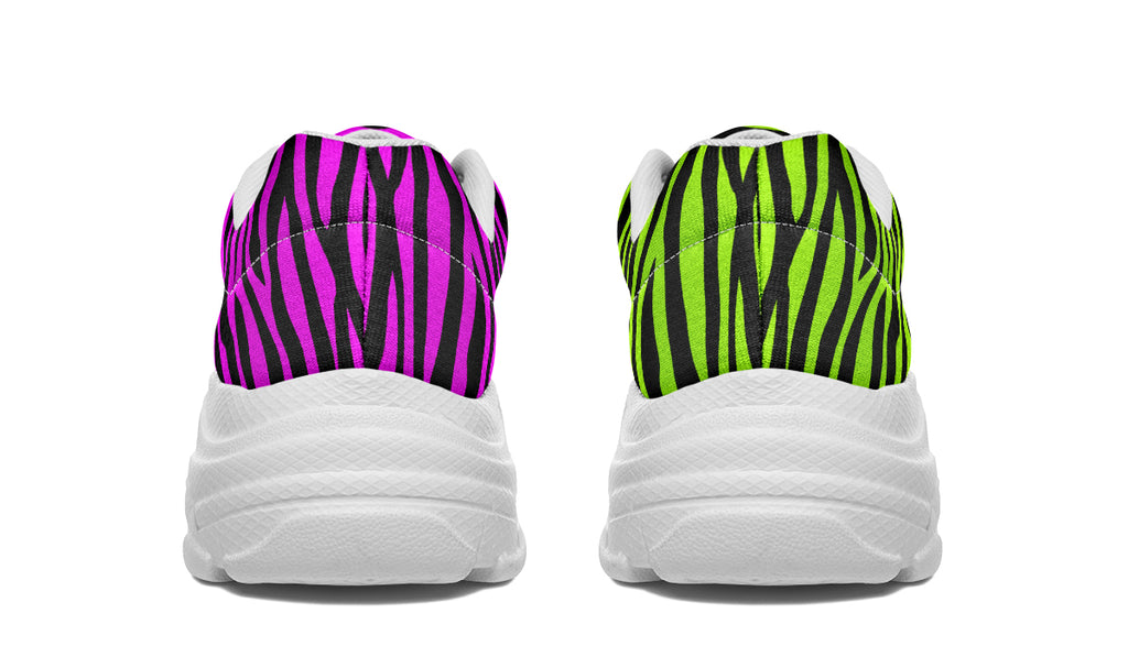 Green and Fuchsia Mismatched Neon Zebra Chunky Sneakers