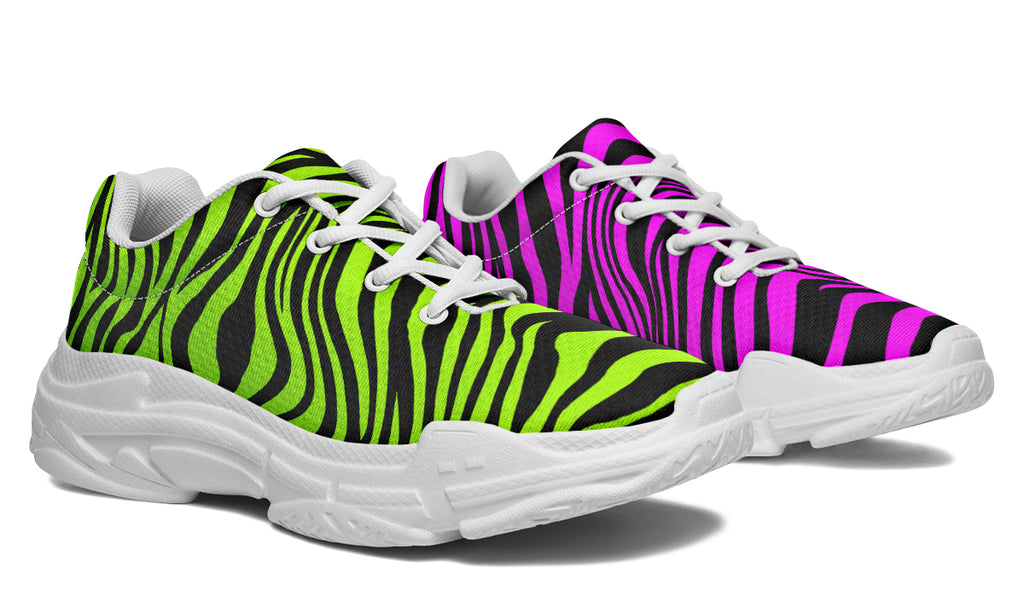 Green and Fuchsia Mismatched Neon Zebra Chunky Sneakers