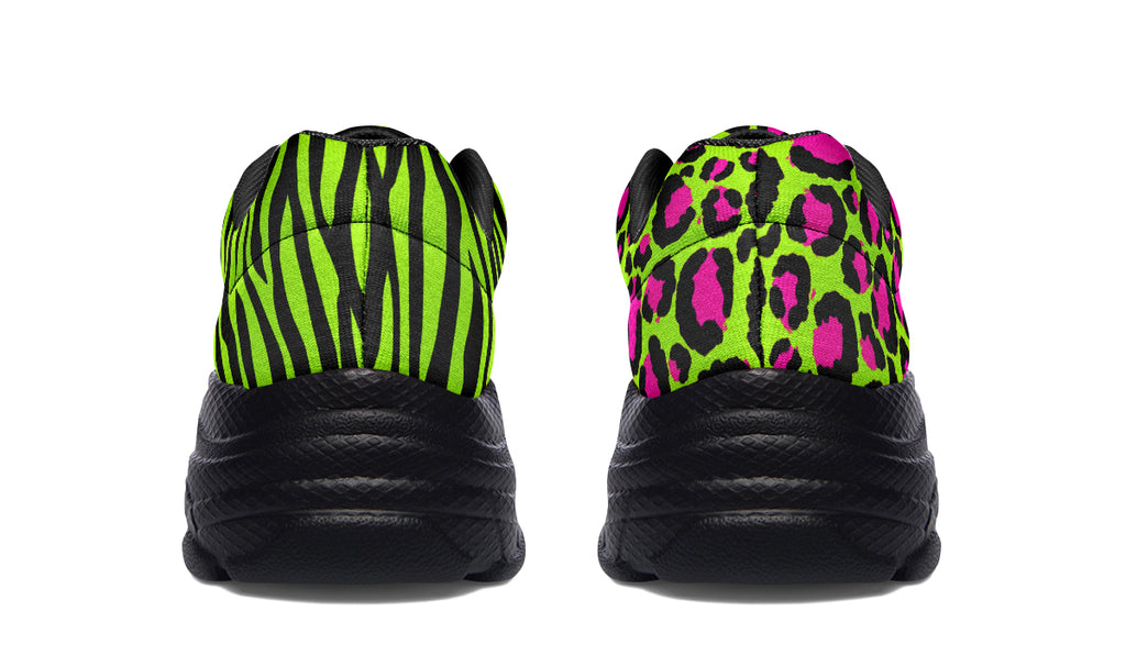 Neon Leopard x Neon Zebra Green Mismatch Chunky Sneakers