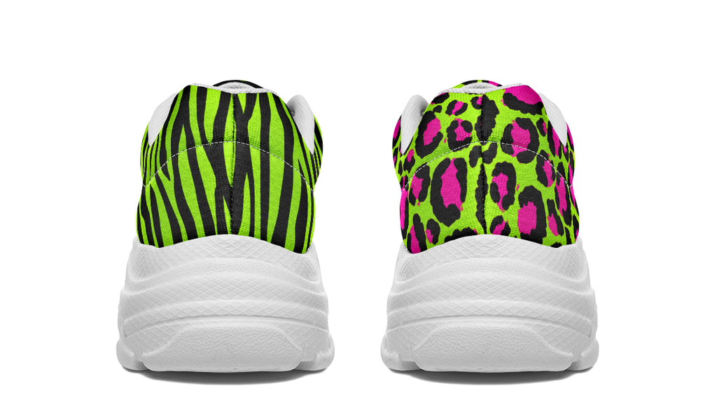 Neon Leopard x Neon Zebra Green Mismatch Chunky Sneakers