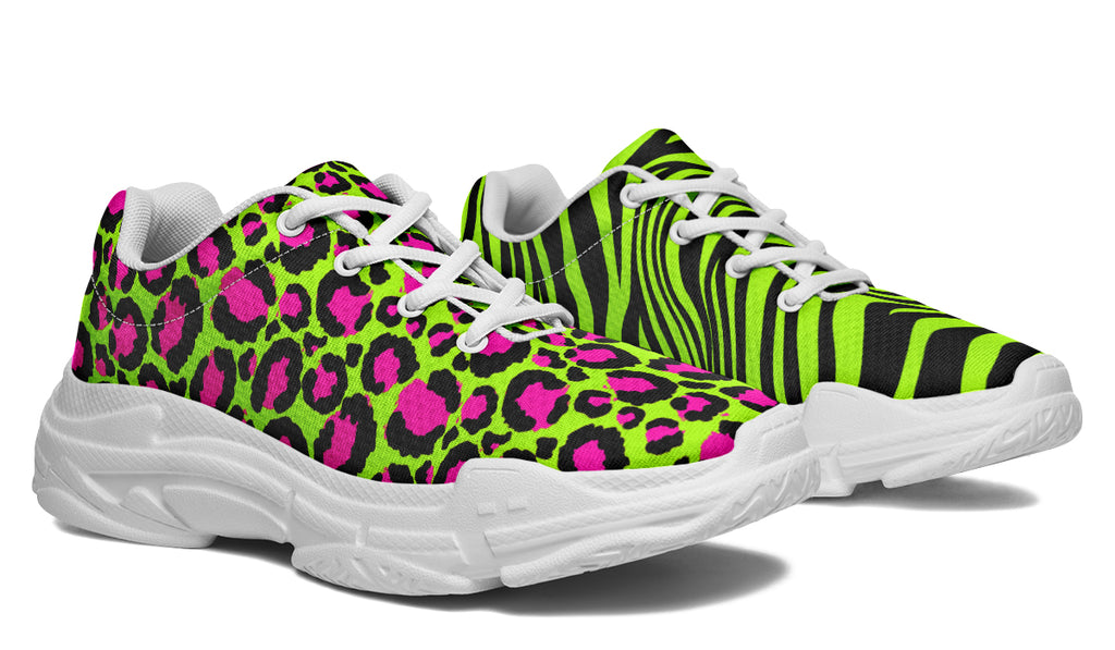 Neon Leopard x Neon Zebra Green Mismatch Chunky Sneakers