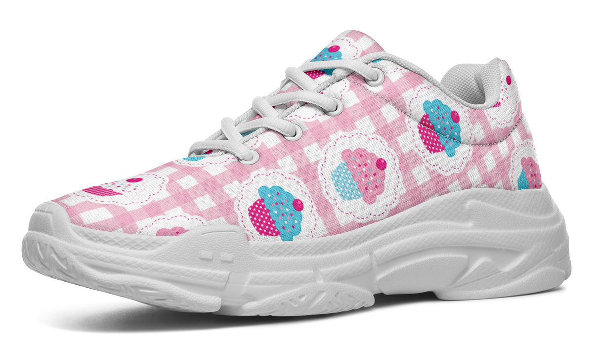 Pink And Yellow Mismatch Gingham Cupcakes Chunky Sneakers