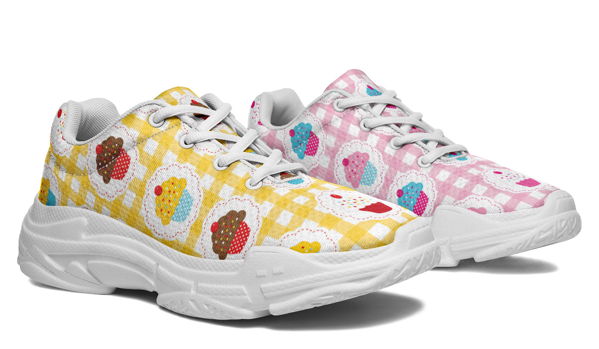 Pink And Yellow Mismatch Gingham Cupcakes Chunky Sneakers