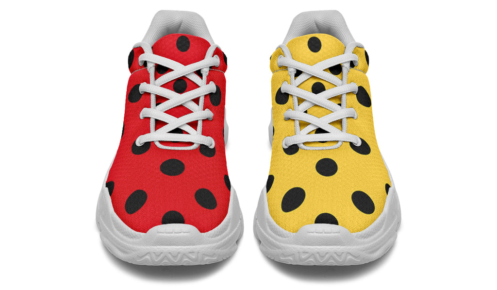 Red And Yellow Mismatched Polka Dot Chunky Sneakers