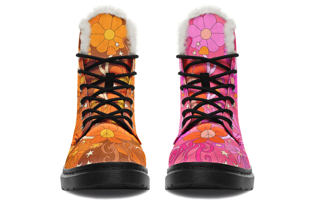 Molly's Mismatched Retro Daisies Faux Fur Boots - Offbeat Sweetie