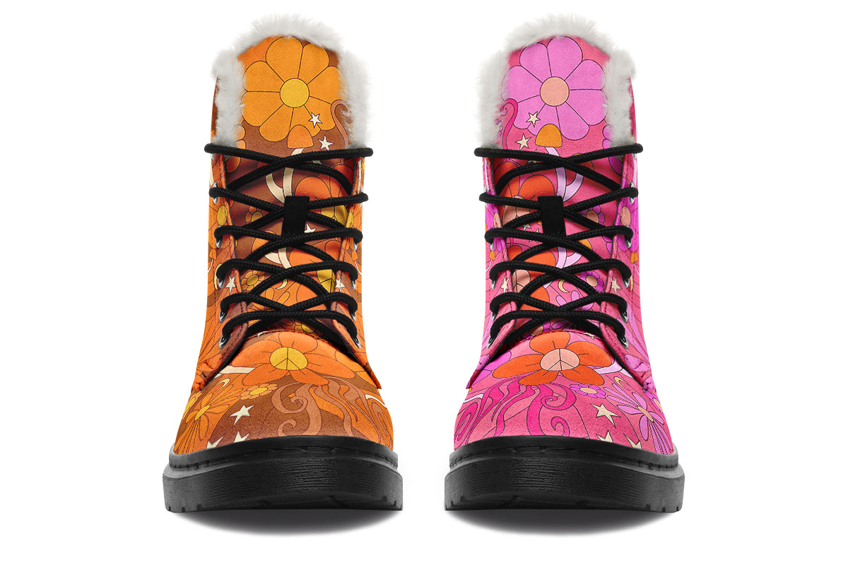 Molly's Mismatched Retro Daisies Faux Fur Boots - Offbeat Sweetie