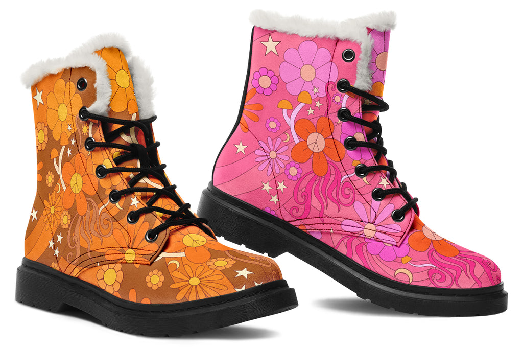 Molly's Mismatched Retro Daisies Faux Fur Boots - Offbeat Sweetie