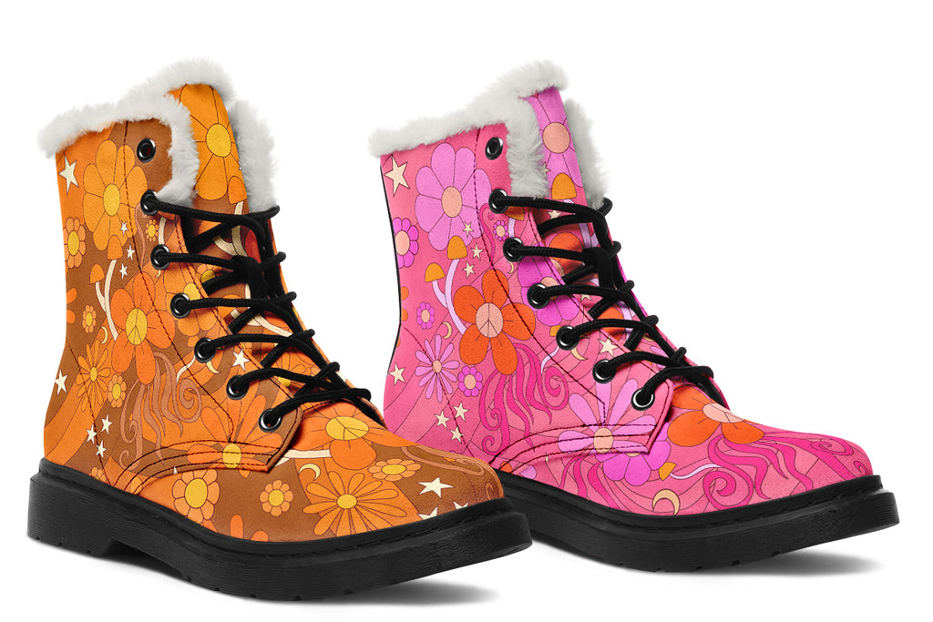 Molly's Mismatched Retro Daisies Faux Fur Boots - Offbeat Sweetie
