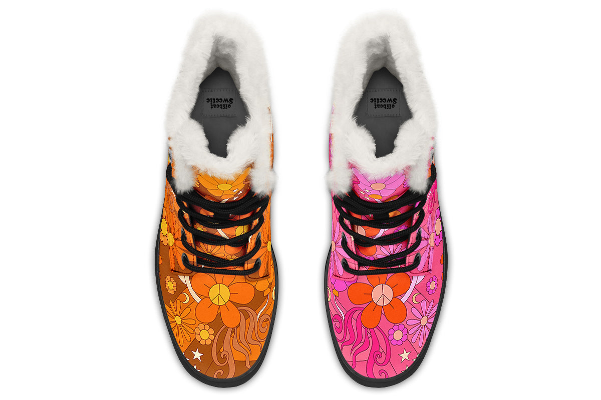 Molly's Mismatched Retro Daisies Faux Fur Boots - Offbeat Sweetie