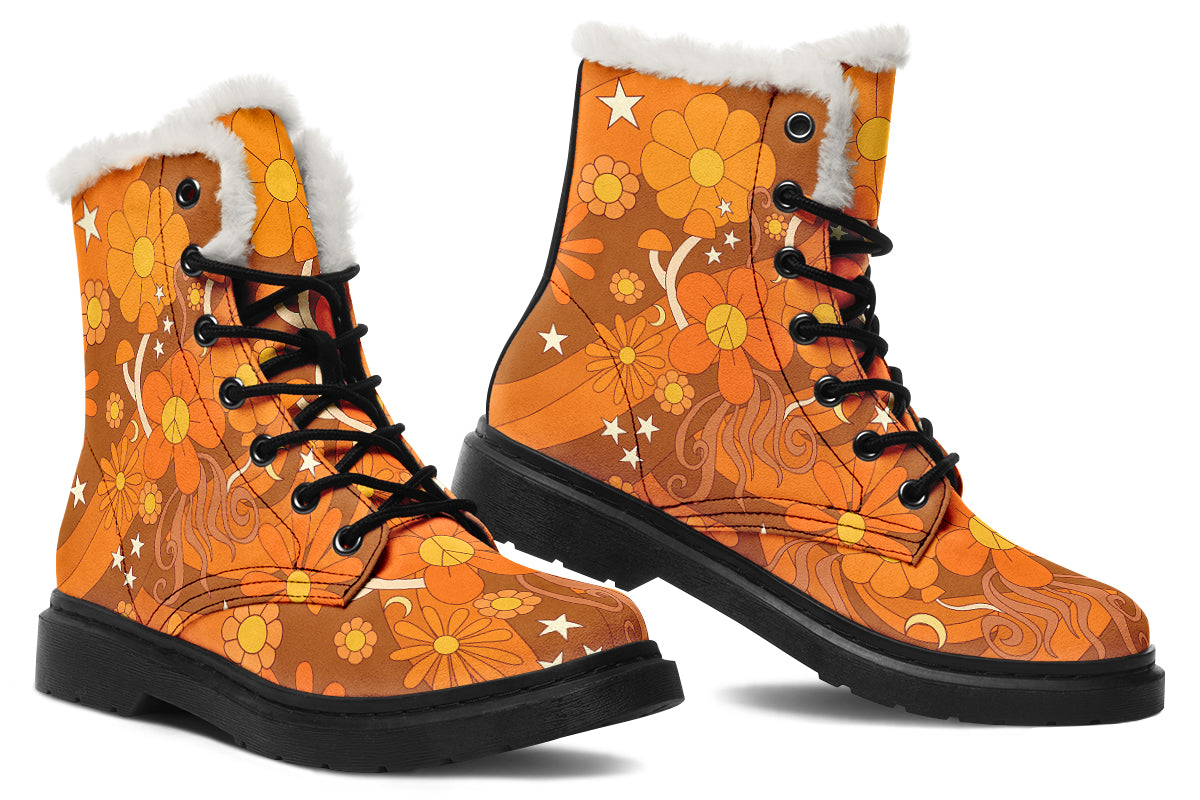 Molly's Orange Retro Daisies Faux Fur Boots - Offbeat Sweetie