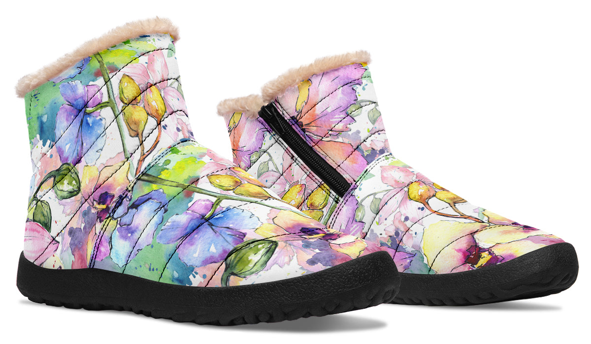 Watercolour Flowers Fur Ankle Boots