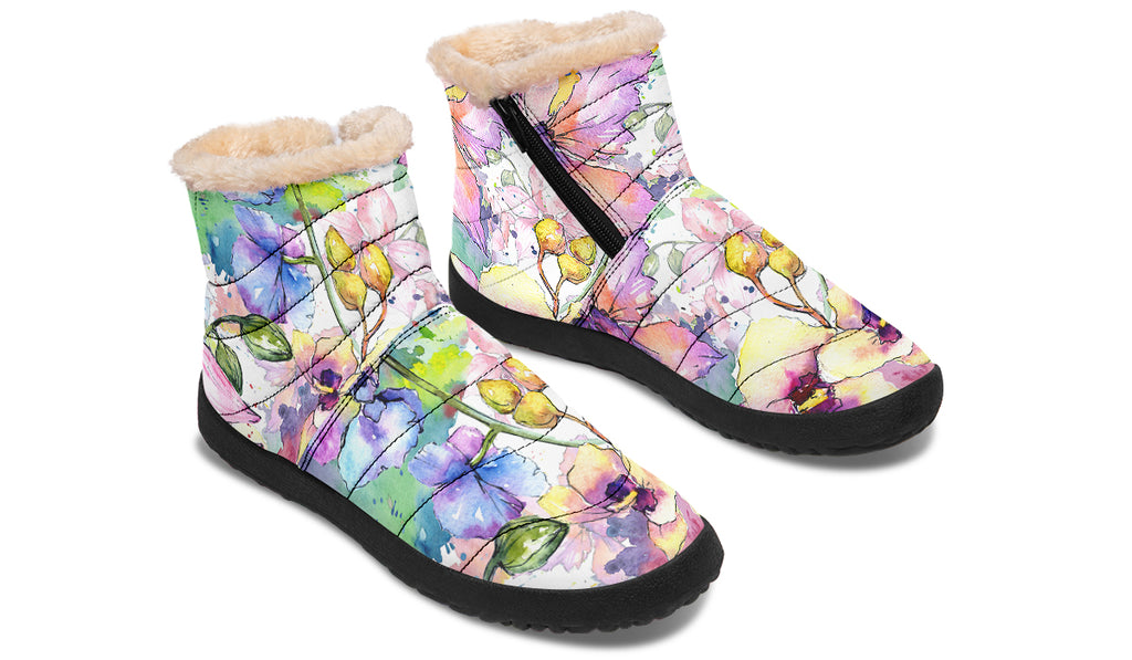 Watercolour Flowers Fur Ankle Boots