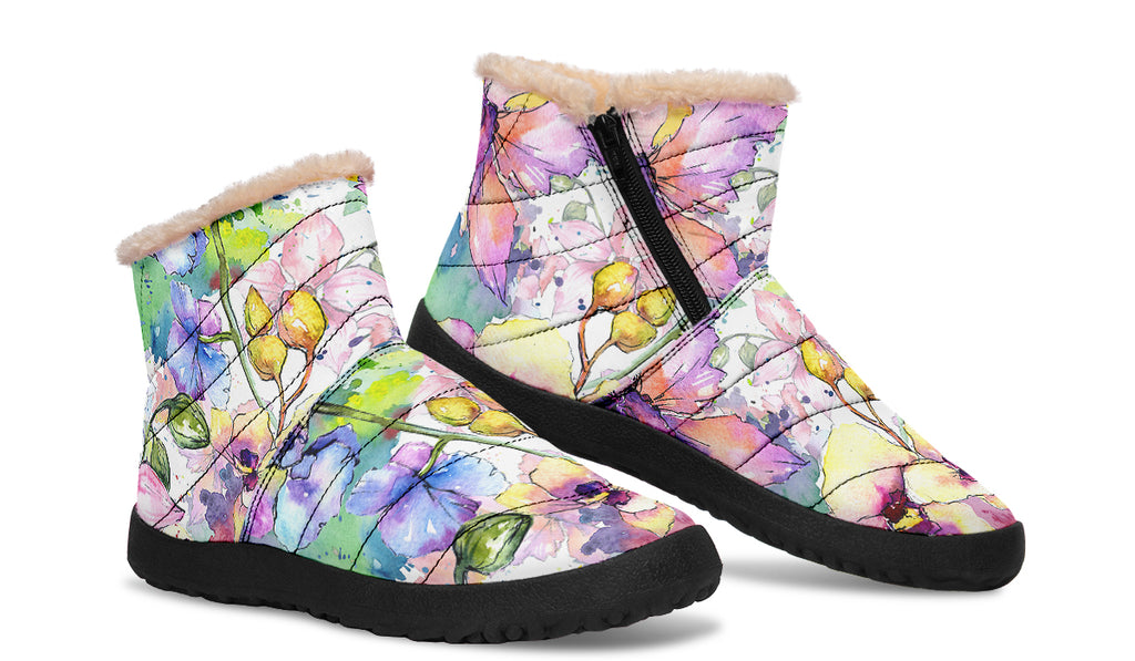 Watercolour Flowers Fur Ankle Boots