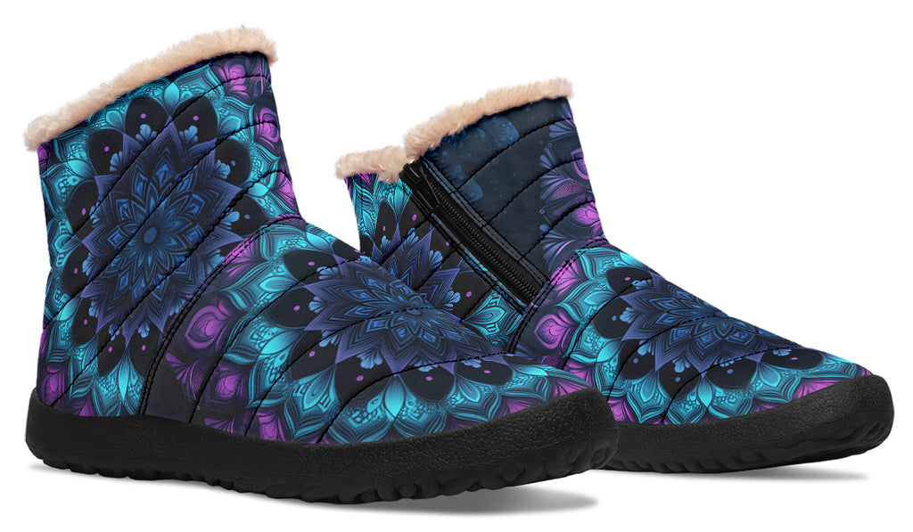 Blue And Purple Mandala Faux Fur Ankle Boots