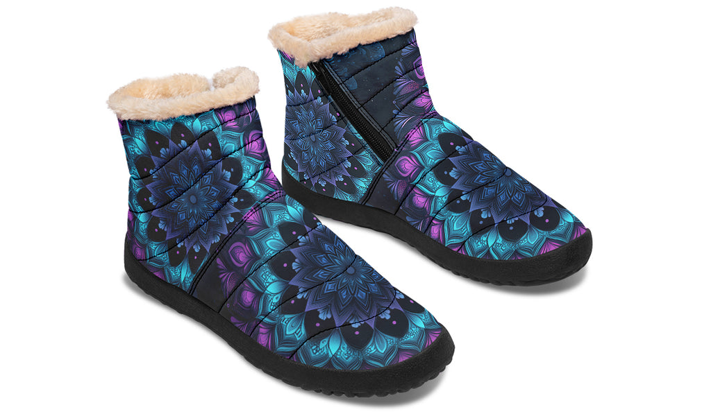 Blue And Purple Mandala Faux Fur Ankle Boots