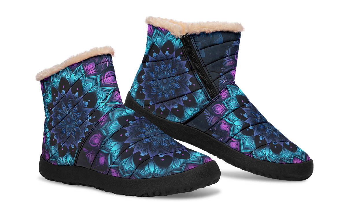 Blue And Purple Mandala Faux Fur Ankle Boots