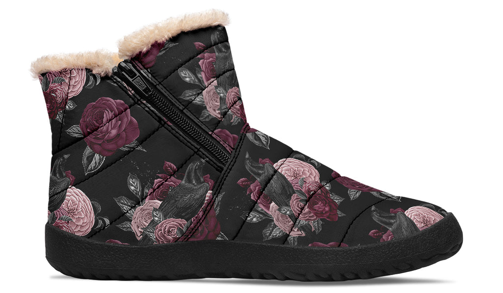Crows And Roses Faux Fur Ankle Boots