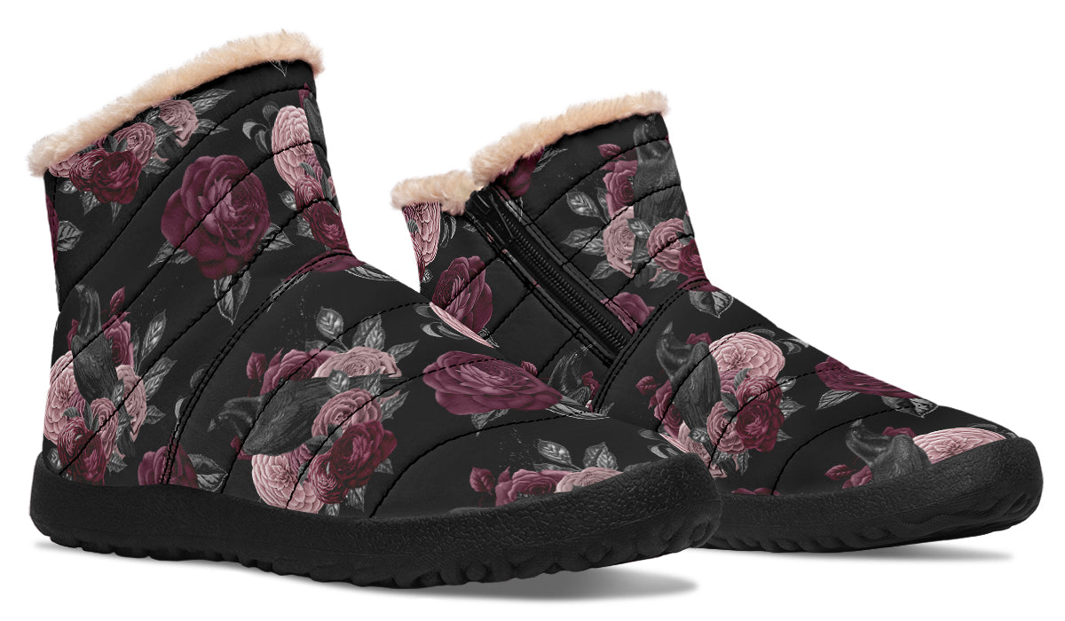 Crows And Roses Faux Fur Ankle Boots