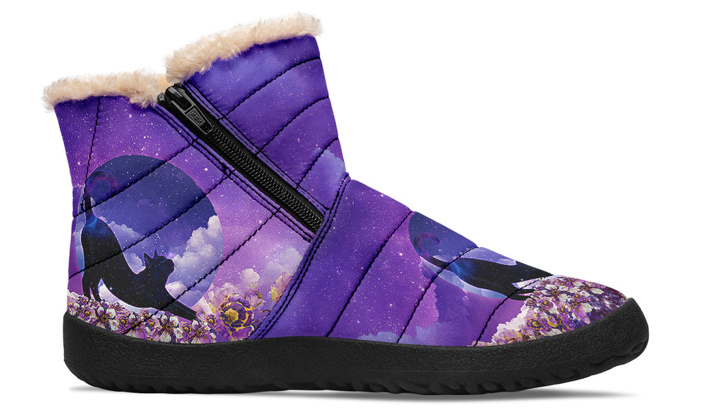 Enchanted Lavender Moon Cat Faux Fur Ankle Boots