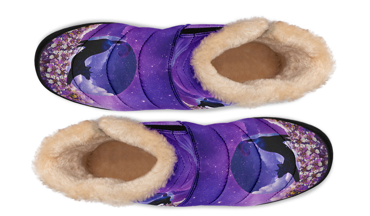 Enchanted Lavender Moon Cat Faux Fur Ankle Boots