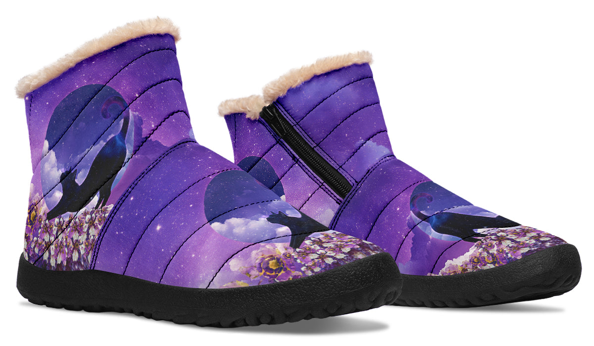 Enchanted Lavender Moon Cat Faux Fur Ankle Boots