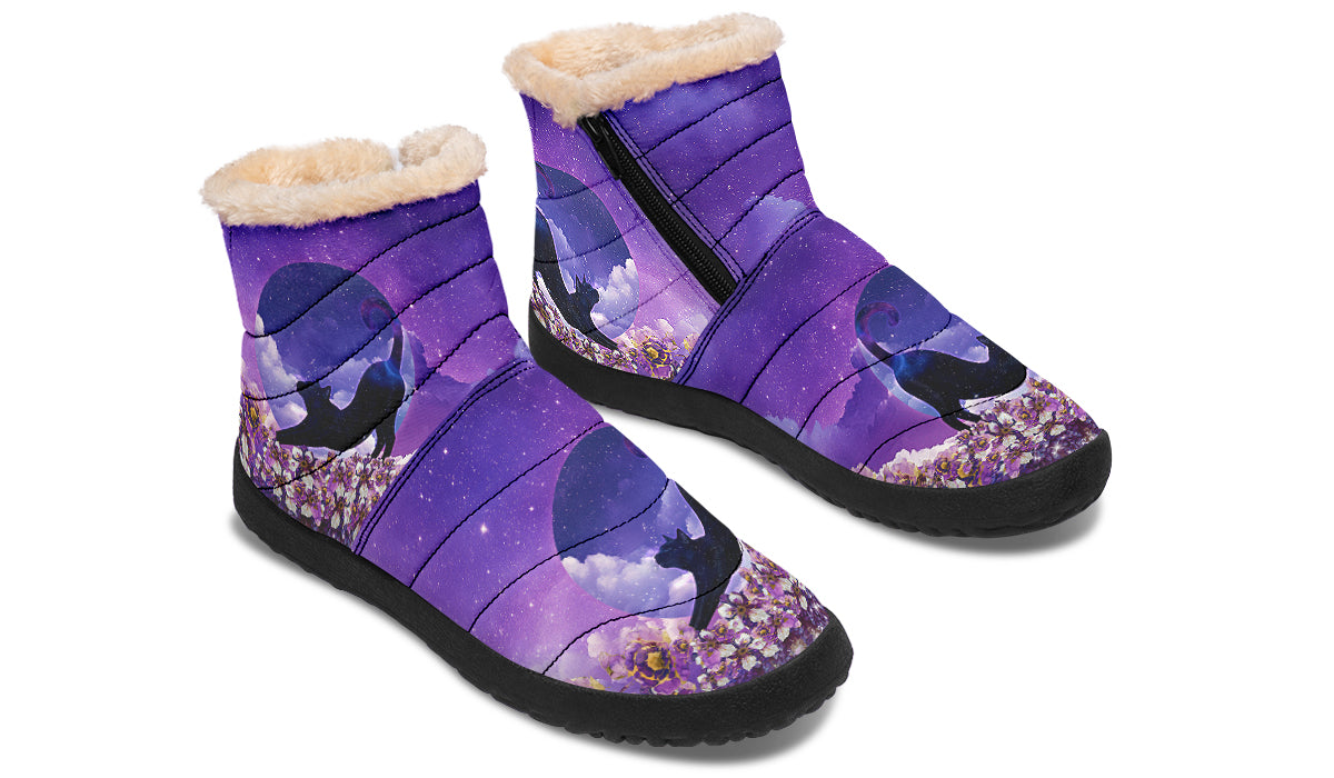 Enchanted Lavender Moon Cat Faux Fur Ankle Boots