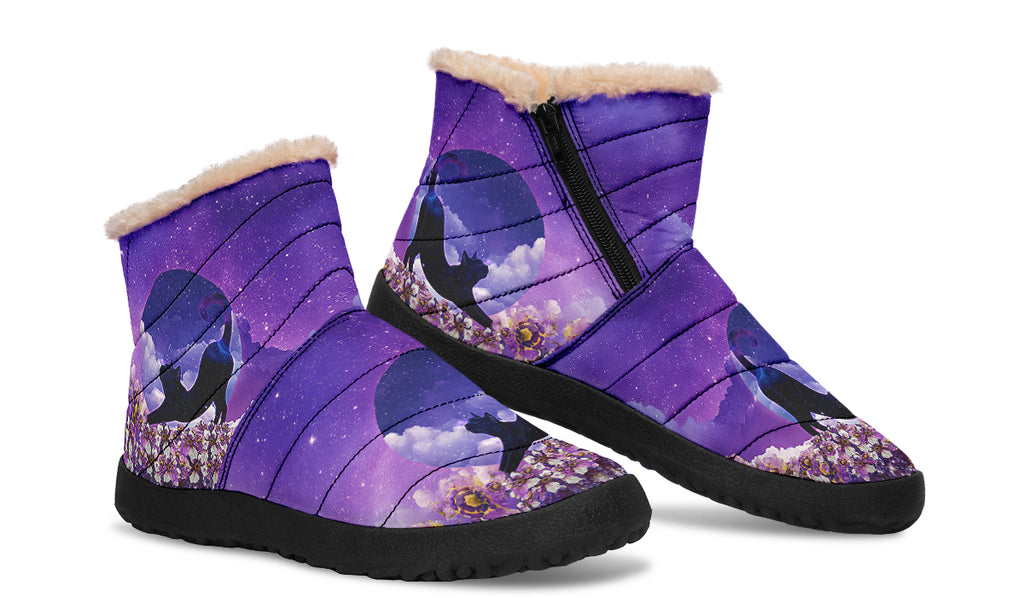 Enchanted Lavender Moon Cat Faux Fur Ankle Boots