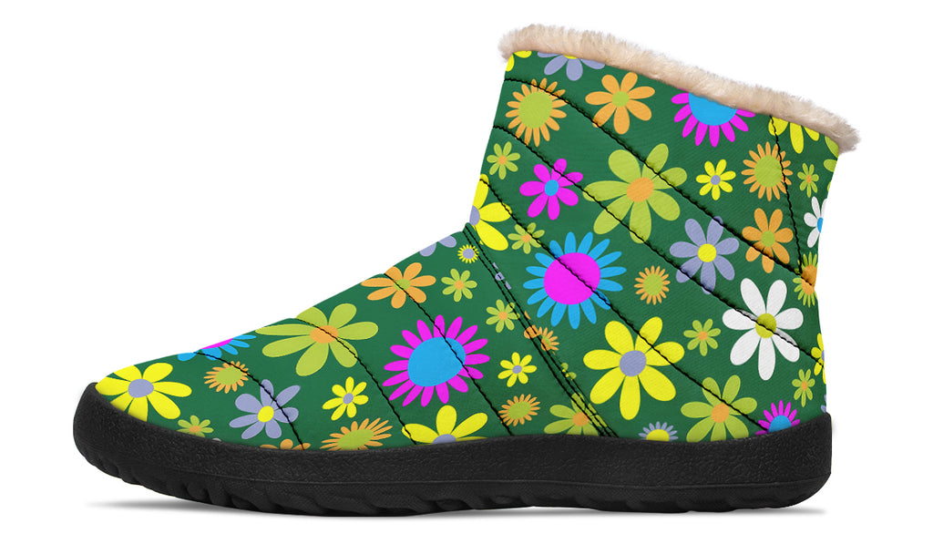 Green Retro Flowers Faux Fur Ankle Boots
