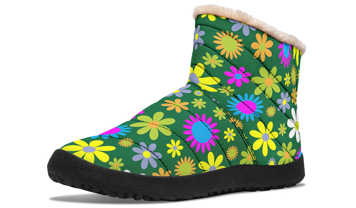 Green Retro Flowers Faux Fur Ankle Boots