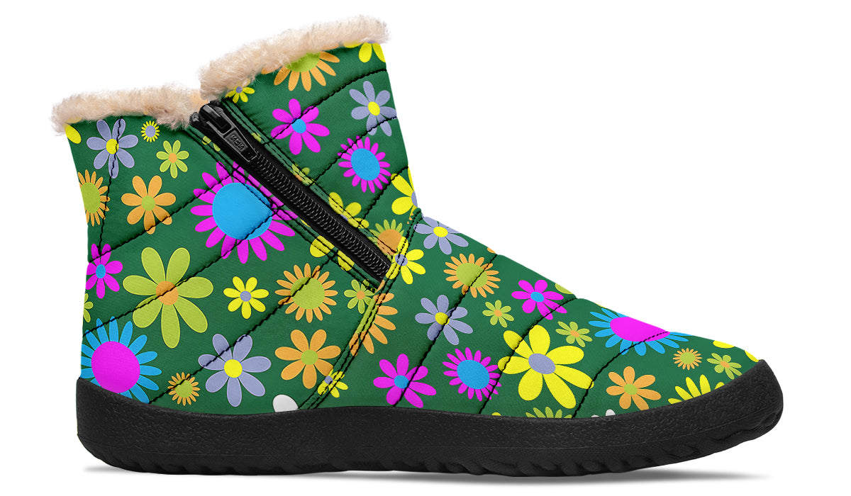 Green Retro Flowers Faux Fur Ankle Boots