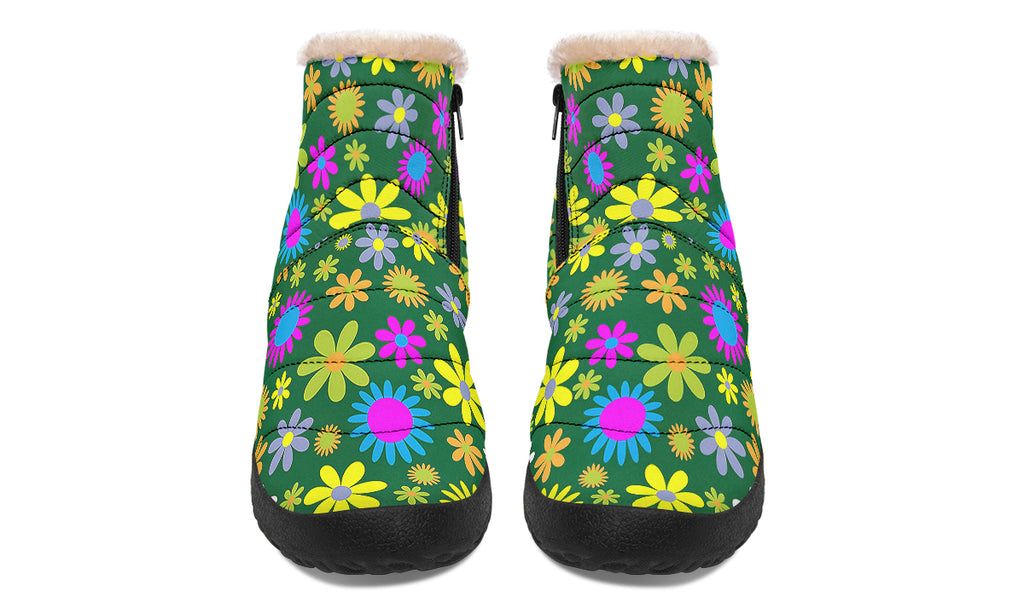 Green Retro Flowers Faux Fur Ankle Boots