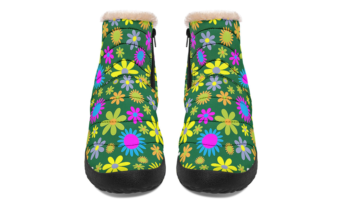 Green Retro Flowers Faux Fur Ankle Boots