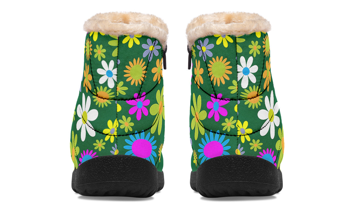 Green Retro Flowers Faux Fur Ankle Boots