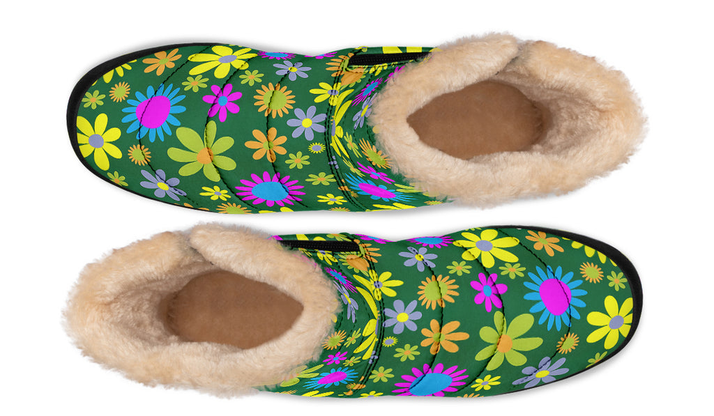 Green Retro Flowers Faux Fur Ankle Boots