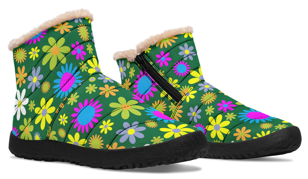 Green Retro Flowers Faux Fur Ankle Boots