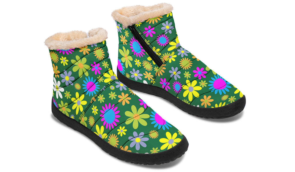 Green Retro Flowers Faux Fur Ankle Boots