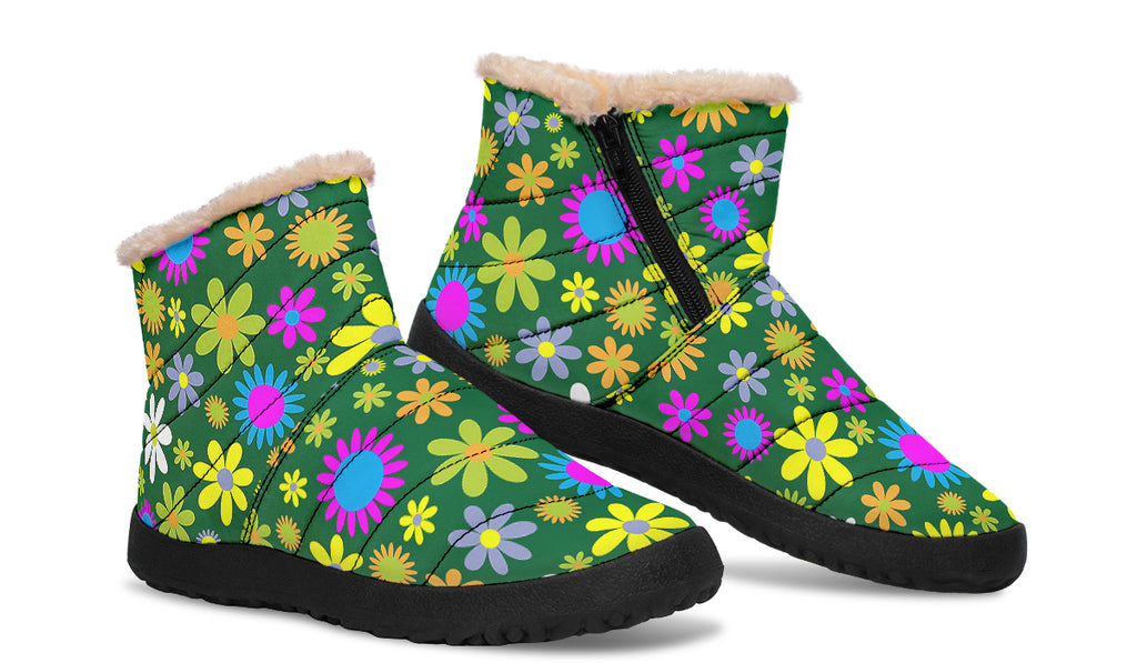 Green Retro Flowers Faux Fur Ankle Boots