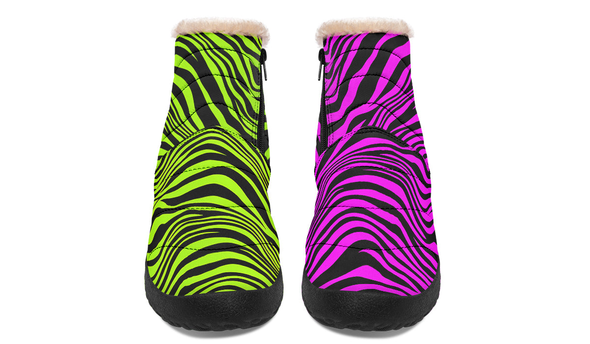 Green and Fuchsia Mismatched Neon Zebra Faux Fur Ankle Boots