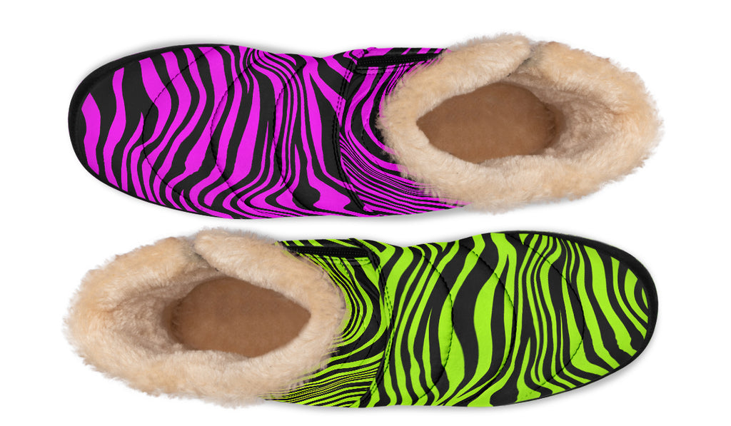 Green and Fuchsia Mismatched Neon Zebra Faux Fur Ankle Boots